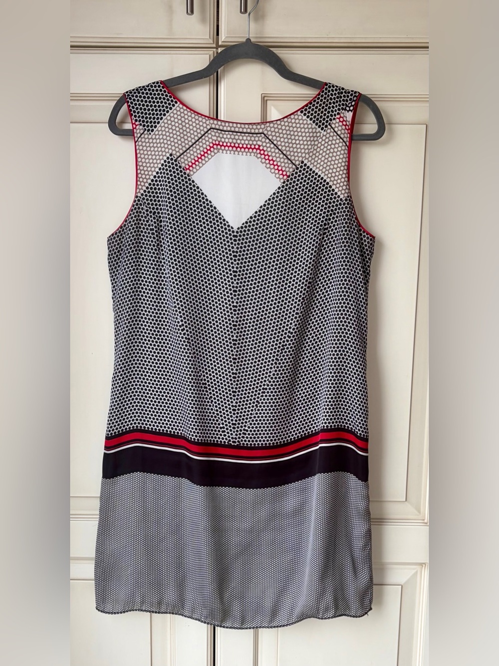 🍊 Max Studio Black White Polka Dot Shift Dress with Red Trim. Large.